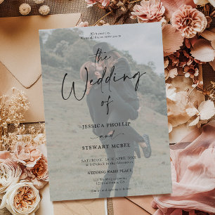 Elegant black white all in 1 script photo wedding invitation