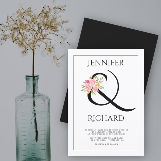 Elegant black white ampersand, pink roses wedding invitation (Creator Uploaded)