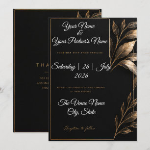 Elegant Black & White and Gold Botanical Wedding Invitation