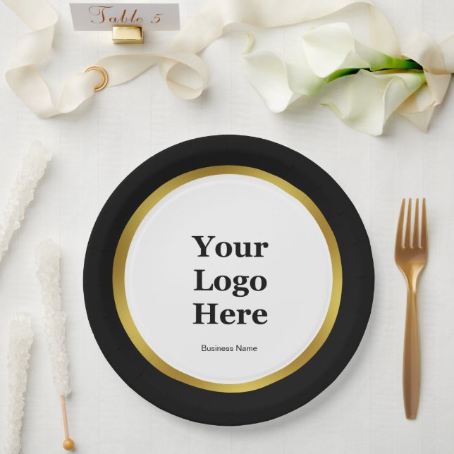 Elegant Black White and Gold Business Logo Name Paper Plate (Wedding)