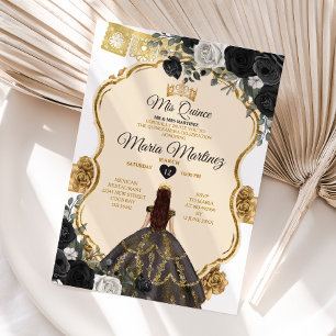 Elegant Black White and Gold Floral Mis Quince Invitation