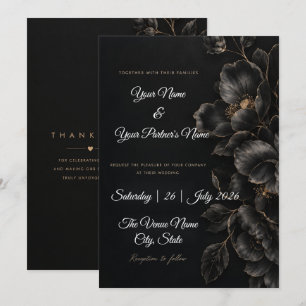 Elegant Black & White and Gold Floral Wedding Invitation