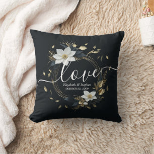 Elegant Black White and Gold Floral Wreath Wedding Cushion