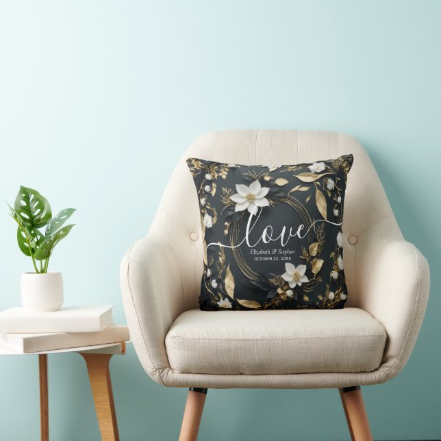 Elegant Black White and Gold Floral Wreath Wedding Cushion (Chair)