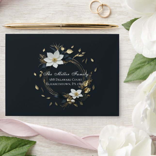 Elegant Black White and Gold Floral Wreath Wedding Envelope (Wedding)