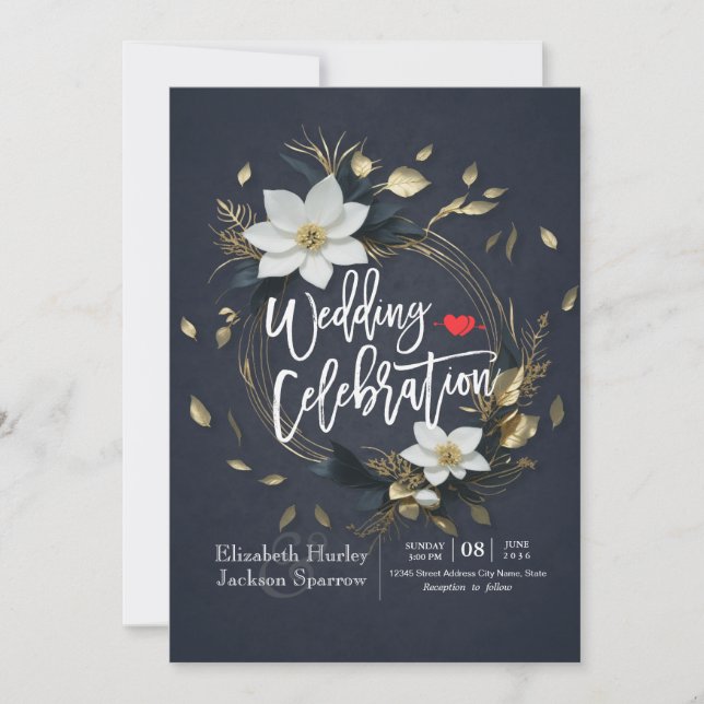 Elegant Black White and Gold Floral Wreath Wedding Invitation (Front)