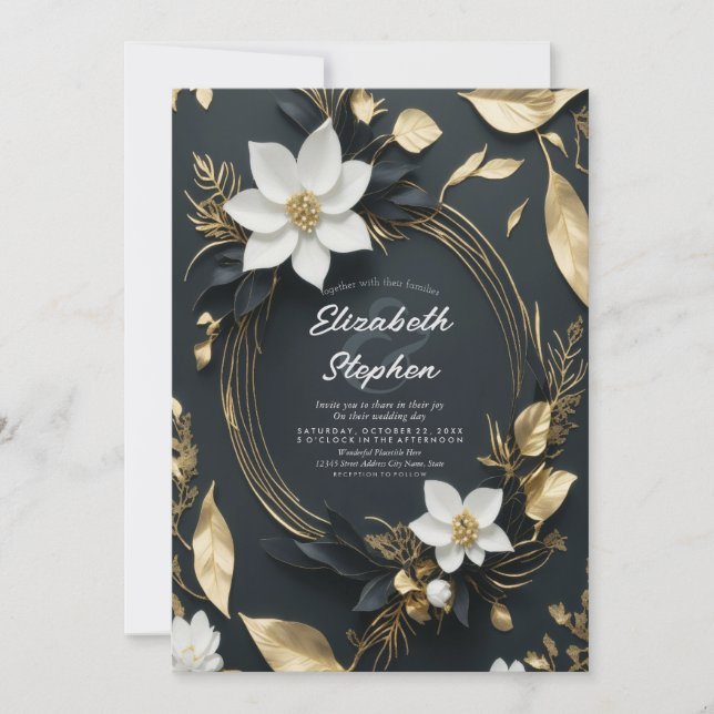 Elegant Black White and Gold Floral Wreath Wedding Invitation (Front)