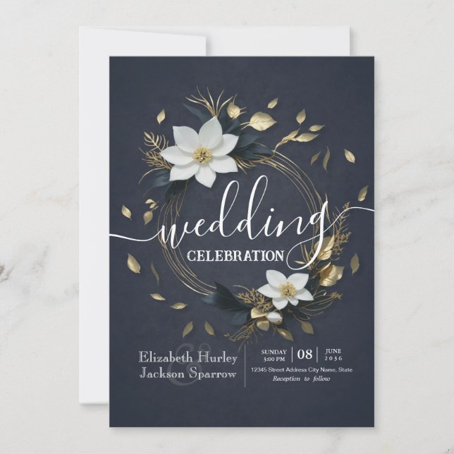 Elegant Black White and Gold Floral Wreath Wedding Invitation (Front)