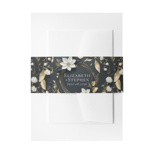 Elegant Black White and Gold Floral Wreath Wedding Invitation Belly Band (Front Example)