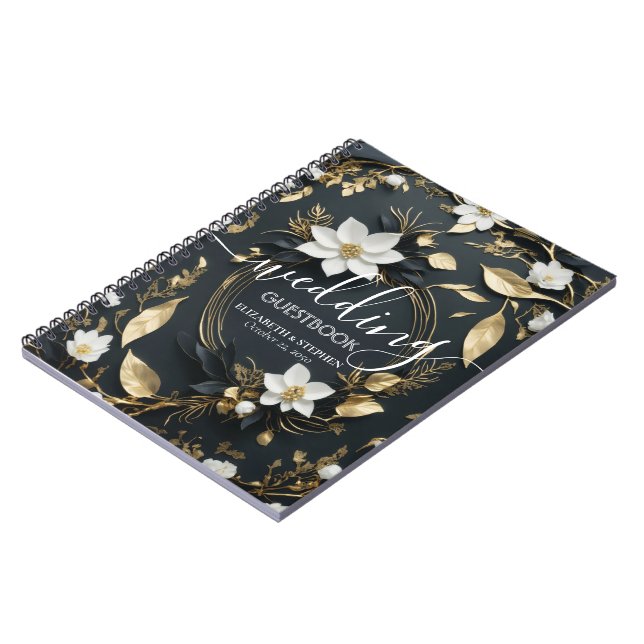Elegant Black White and Gold Floral Wreath Wedding Notebook (Left Side)