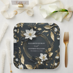 Elegant Black White and Gold Floral Wreath Wedding Paper Plate