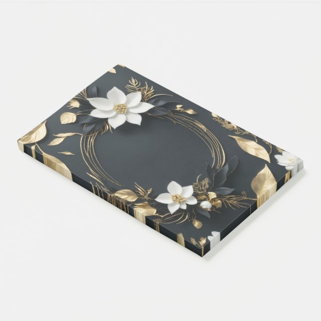 Elegant Black White and Gold Floral Wreath Wedding Post-it Notes (Angled)