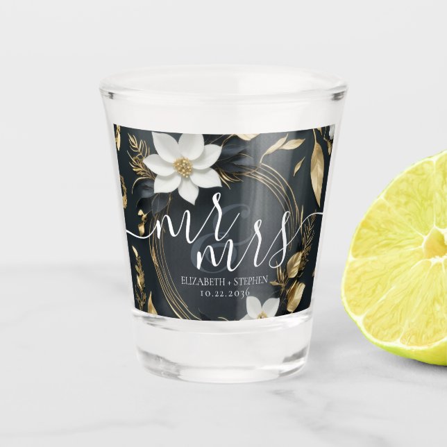 Elegant Black White and Gold Floral Wreath Wedding Shot Glass (Front)
