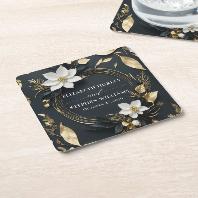 Elegant Black White and Gold Floral Wreath Wedding Square Paper Coaster (Angled)