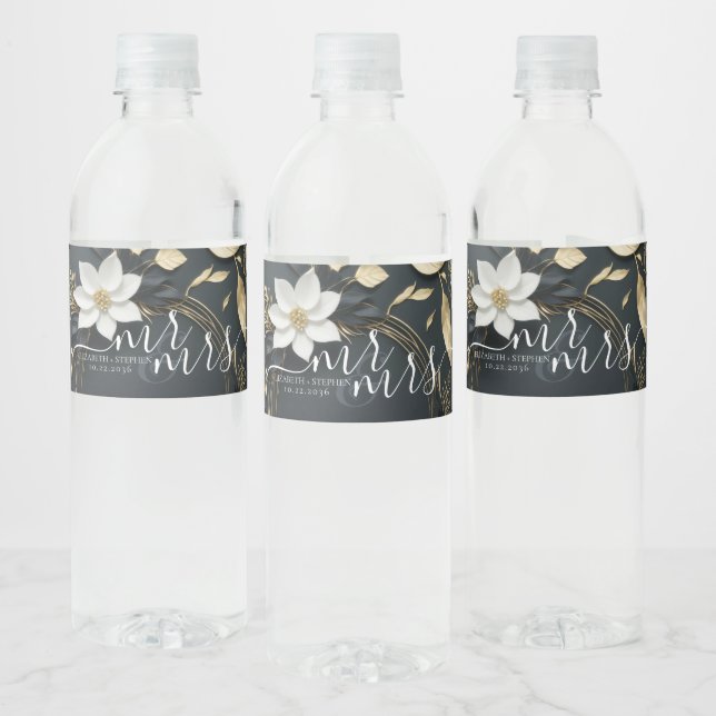 Elegant Black White and Gold Floral Wreath Wedding Water Bottle Label (Bottles)