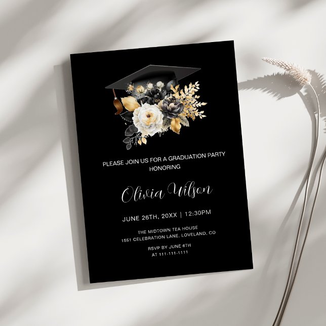 Elegant Black White and Gold Flowers Graduation  Invitation (Elegant Black White and Gold Flowers Graduation Party Invitation)