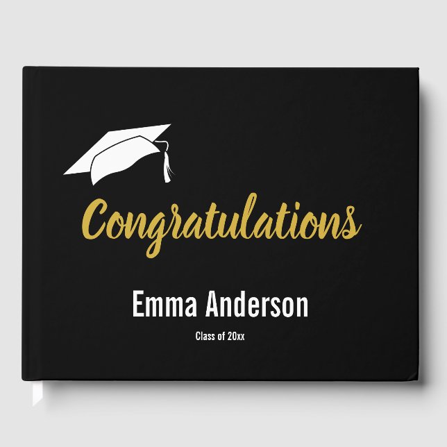 Elegant Black White and Gold Graduation Guest Book (Front)