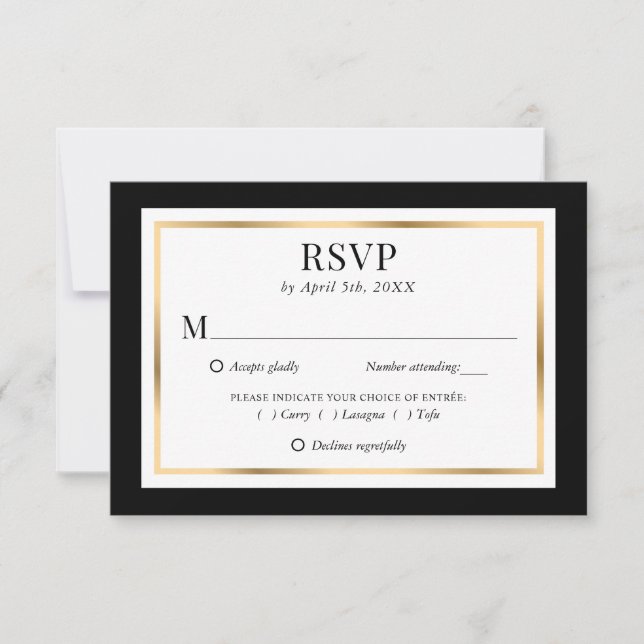 Elegant Black White and Gold Wedding RSVP Card (Front)