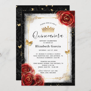 Elegant Black White and Red Quinceanera Invitation