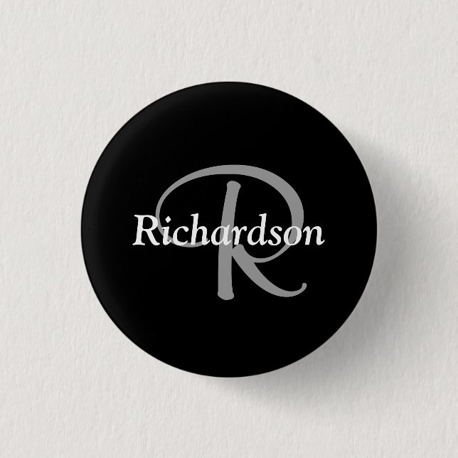 Elegant Black White and Silver Grey Monogrammed 3 Cm Round Badge (Front)