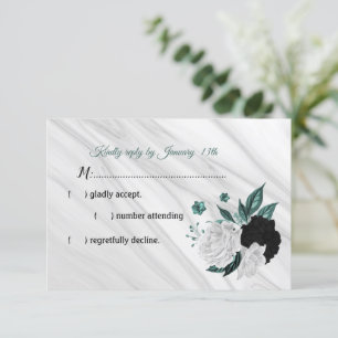 Elegant black white and teal blue flowers RSVP car Card