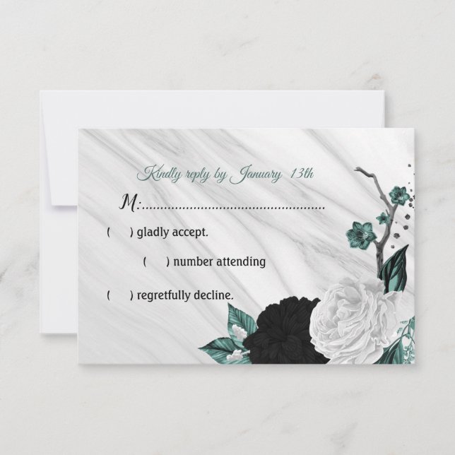 Elegant black white and teal blue flowers RSVP card (Front)