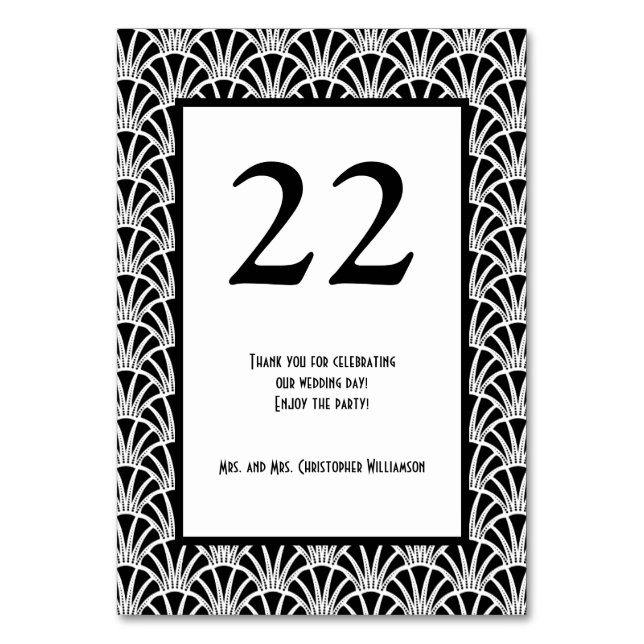 Elegant Black White Art Deco Wedding Party Table Number (Front)