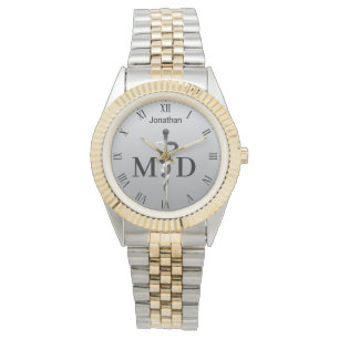 Elegant Black White Asclepius Medical Doctor MD Watch
