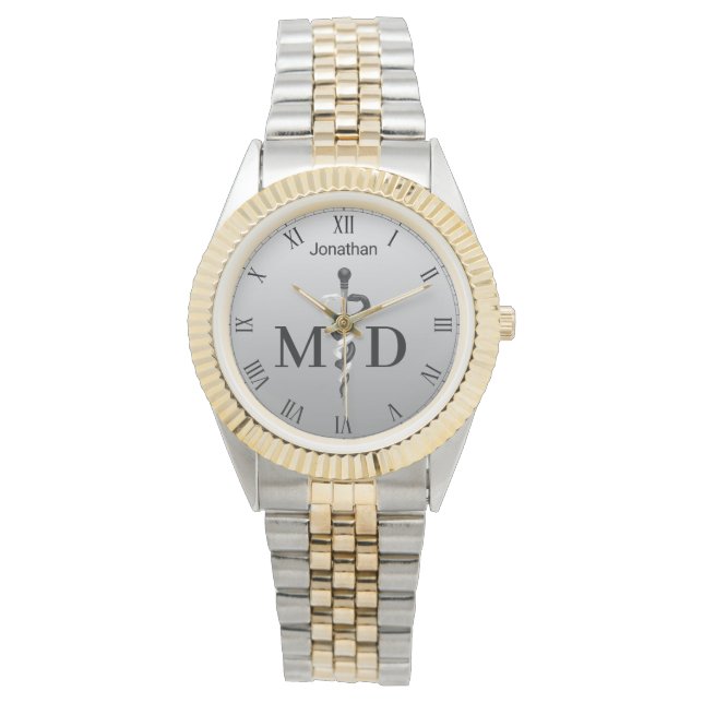 Elegant Black White Asclepius Medical Doctor MD Watch (Front)