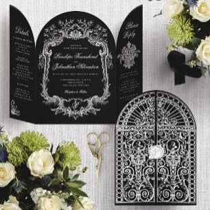 Elegant Black White Baroque Arch Gate Wedding Tri-Fold Invitation