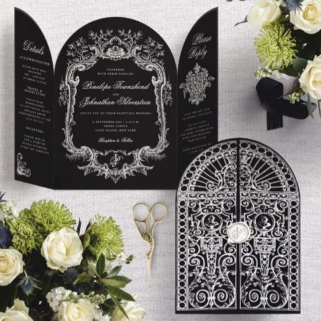 Elegant Black White Baroque Arch Gate Wedding Tri-Fold Invitation (Elegant Black White Baroque Arch Wedding Gatefold Invitation)