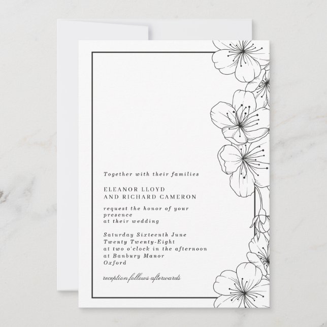 Elegant Black & White Blossom Floral Wedding Invitation (Front)