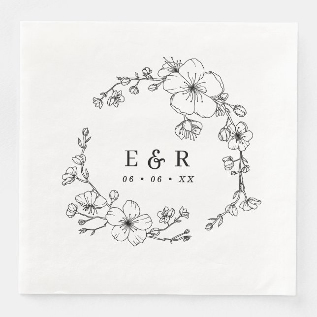 Elegant Black & White Blossom Monogram Wedding Napkin (Front)