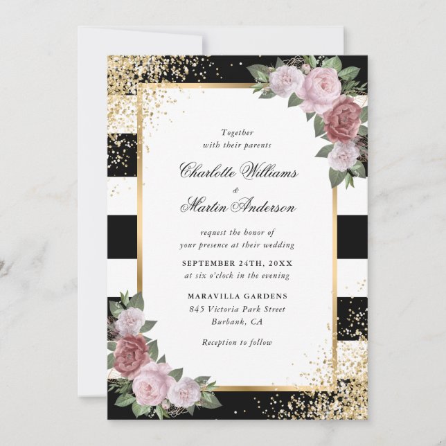 Elegant Black White Blush Pink Gold Wedding Invitation (Front)