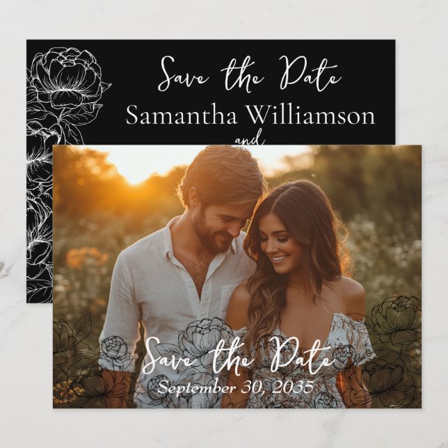 Elegant Black White Boho Classic Modern Wedding Save The Date (Front/Back)