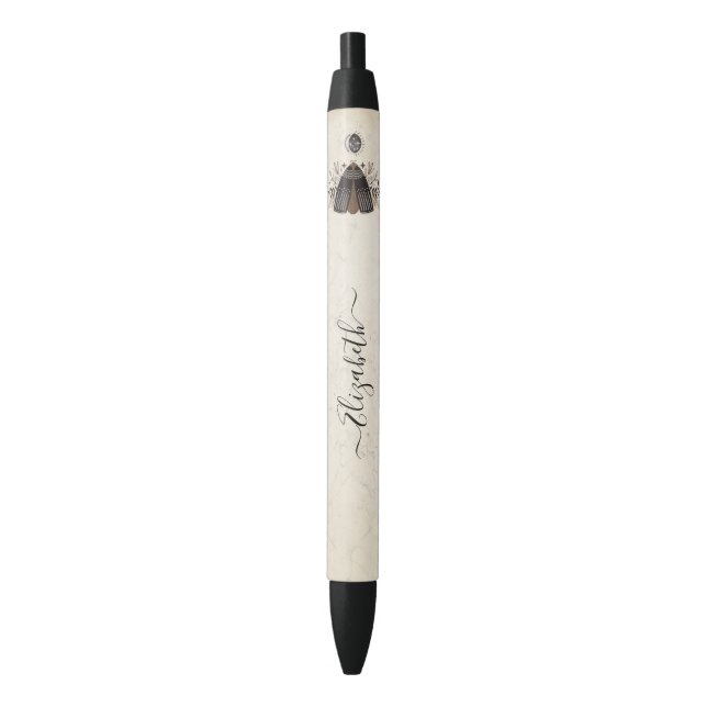 Elegant Black White Boho Floral Butterfly Moth Ink Pen (Front Vertical)