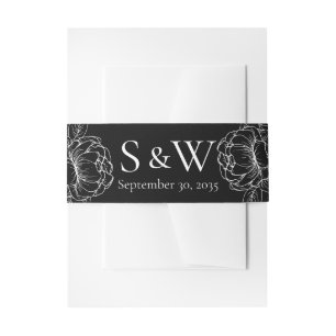 Elegant Black White Boho Floral Minimal Wedding Invitation Belly Band
