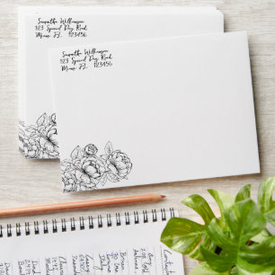 Elegant Black White Boho Minimalist Floral Wedding Envelope