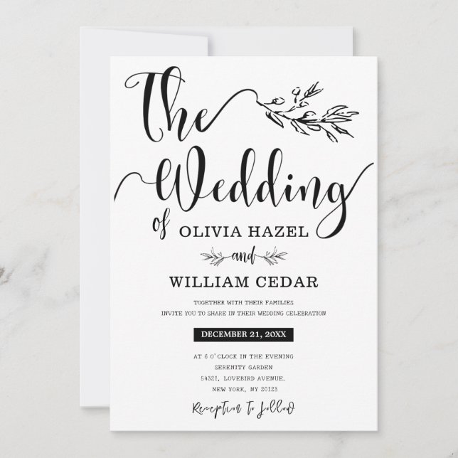 Elegant Black White Botanical Calligraphy Wedding  Invitation (Front)