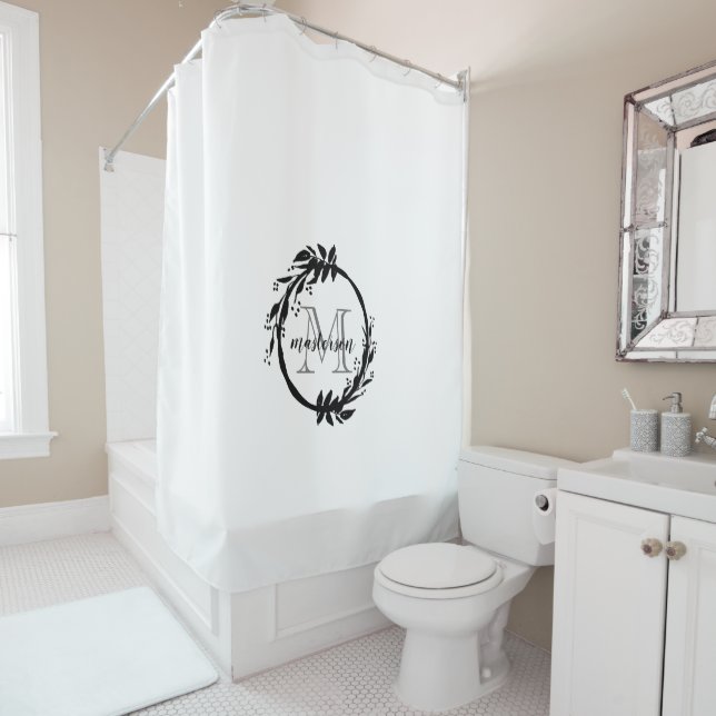 Elegant Black & White Botanical Family Monogram Shower Curtain (In Situ)