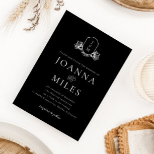 Elegant Black & White Botanical Monogram Wedding Invitation