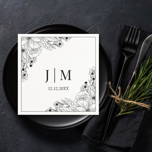 elegant black & white botanical monogram wedding napkin (Creator Uploaded)