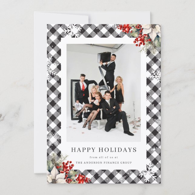 Elegant Black White Botanical Photo Business Holiday Card (Front)