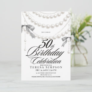 Elegant  Black & White Bow 50th Birthday  Invitation