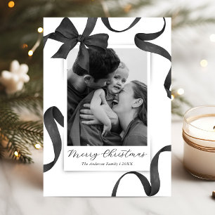 Elegant Black White Bow Photo Christmas Holiday Card