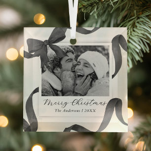 Elegant Black White Bow Photo Holiday Glass Tree Decoration