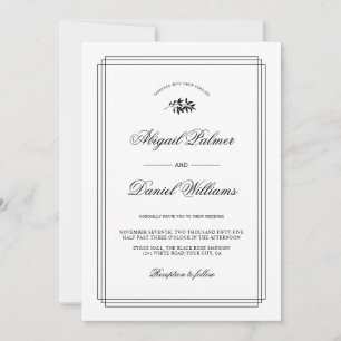 Elegant black, white branch and border wedding invitation