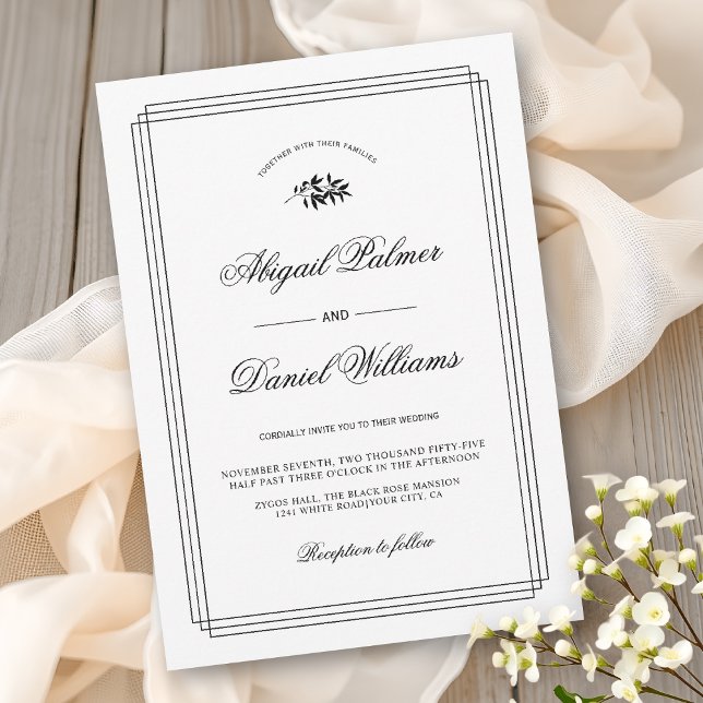 Elegant black, white branch and border wedding invitation (Creator Uploaded)