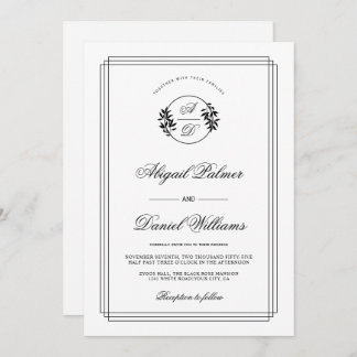 Elegant black, white branch and initials wedding i invitation