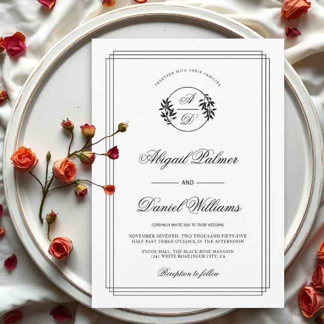 Elegant black, white branch and initials wedding invitation (Creator Uploaded)